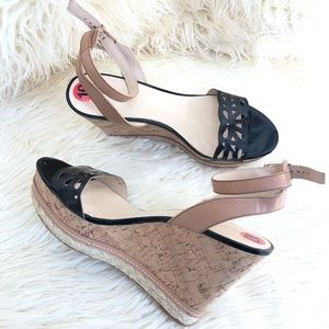 Wedge Sandals with Black Laser-Cut Toe and Tan Anklet Strap